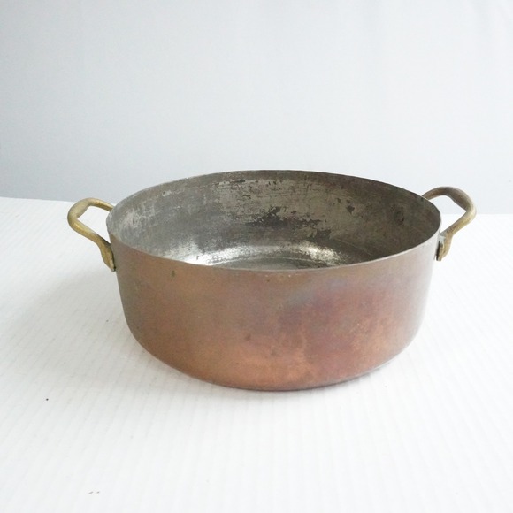 Vintage Copper Stew Pot with Brass Handles Round Kitchen Cookware Cottagecore